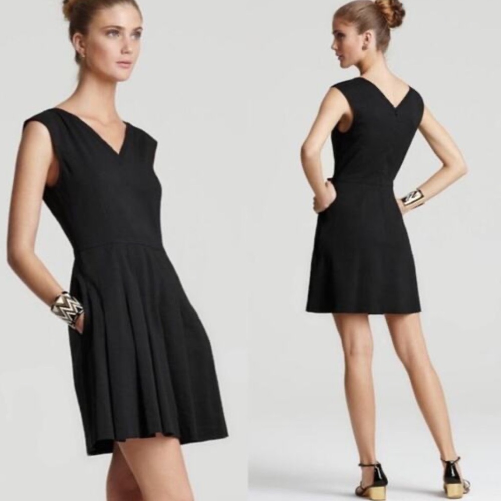 Theory Black Linen Blend V-Neck Fit and Flare Mini A-Line Dress